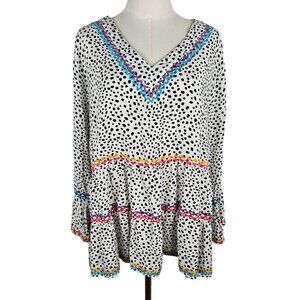 Savanna Jane Top 1X Dalmatian Print Embroidered Babydoll Long Sleeve V Neck